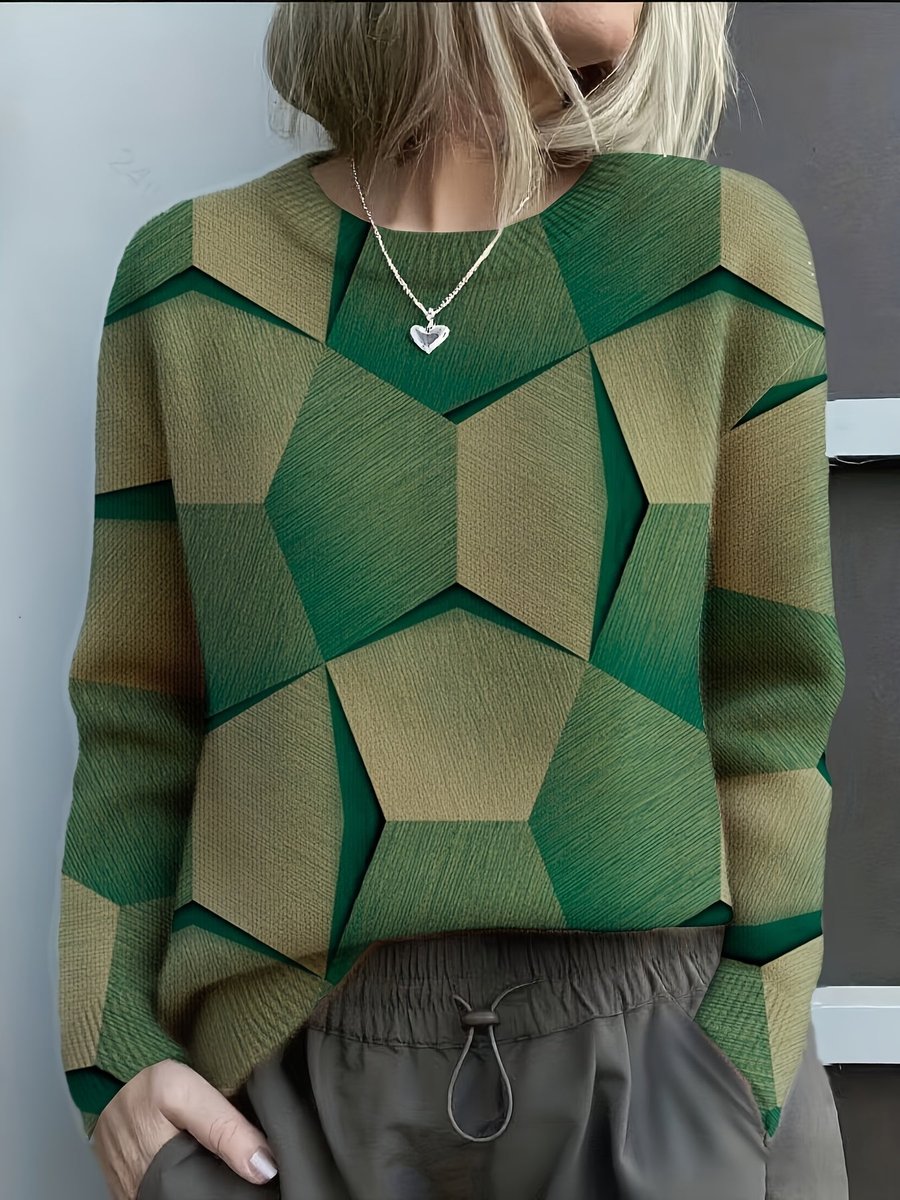 Maglione da donna in maglia a maniche lunghe con stampa geometrica e scollo rotondo