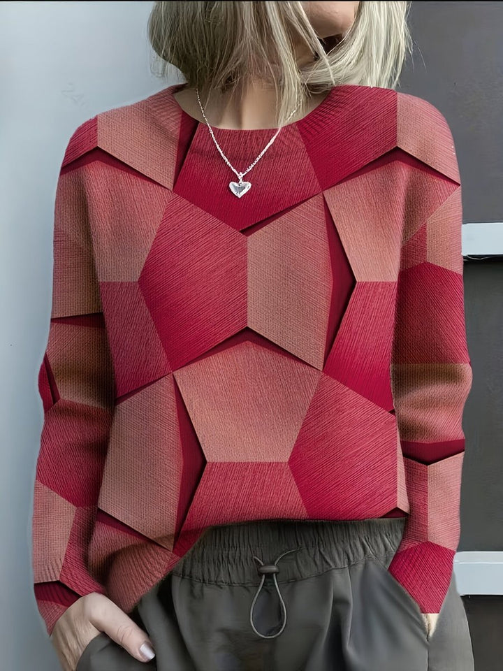 Maglione da donna in maglia a maniche lunghe con stampa geometrica e scollo rotondo