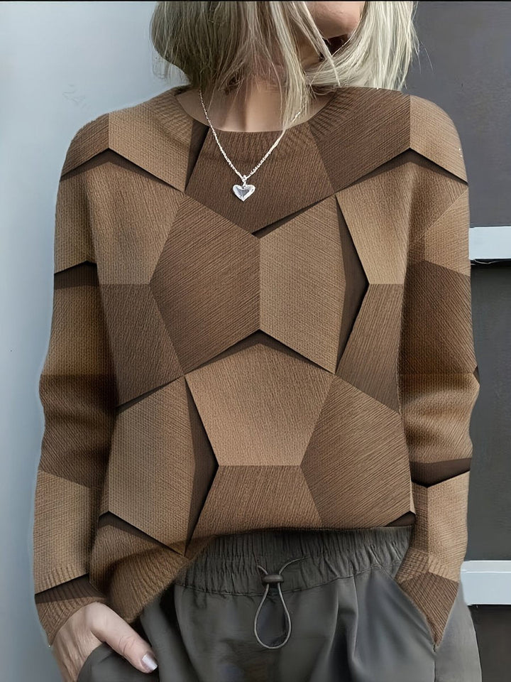 Maglione da donna in maglia a maniche lunghe con stampa geometrica e scollo rotondo