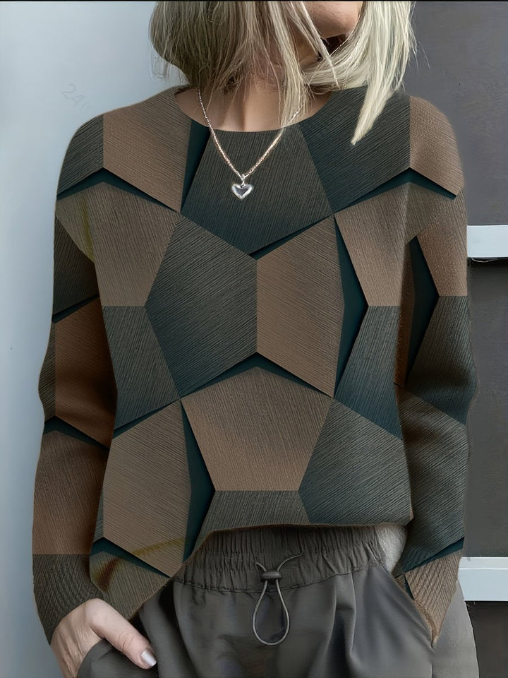 Maglione da donna in maglia a maniche lunghe con stampa geometrica e scollo rotondo