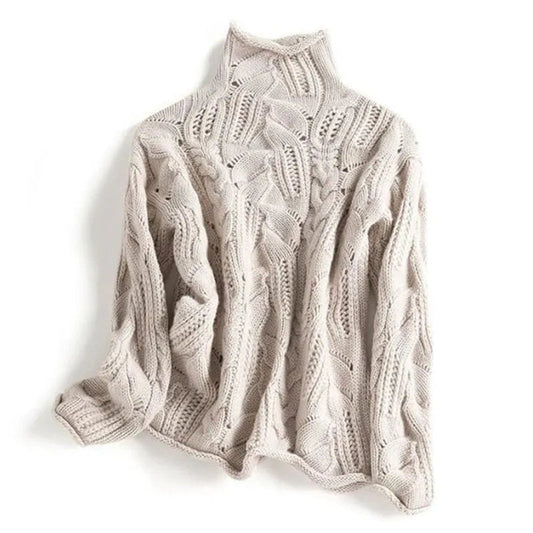 Pull ample à col roulé en maille torsadée pour femme – douillet pour l’automne et l’hiver