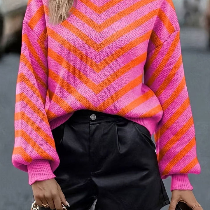 Pull tricoté ample pour femme à motif chevrons et col rond