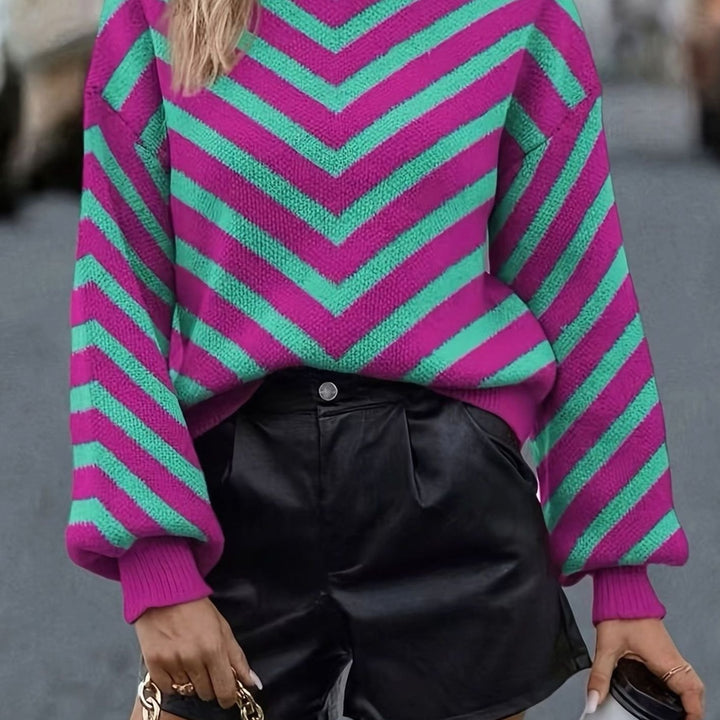 Pull tricoté ample pour femme à motif chevrons et col rond