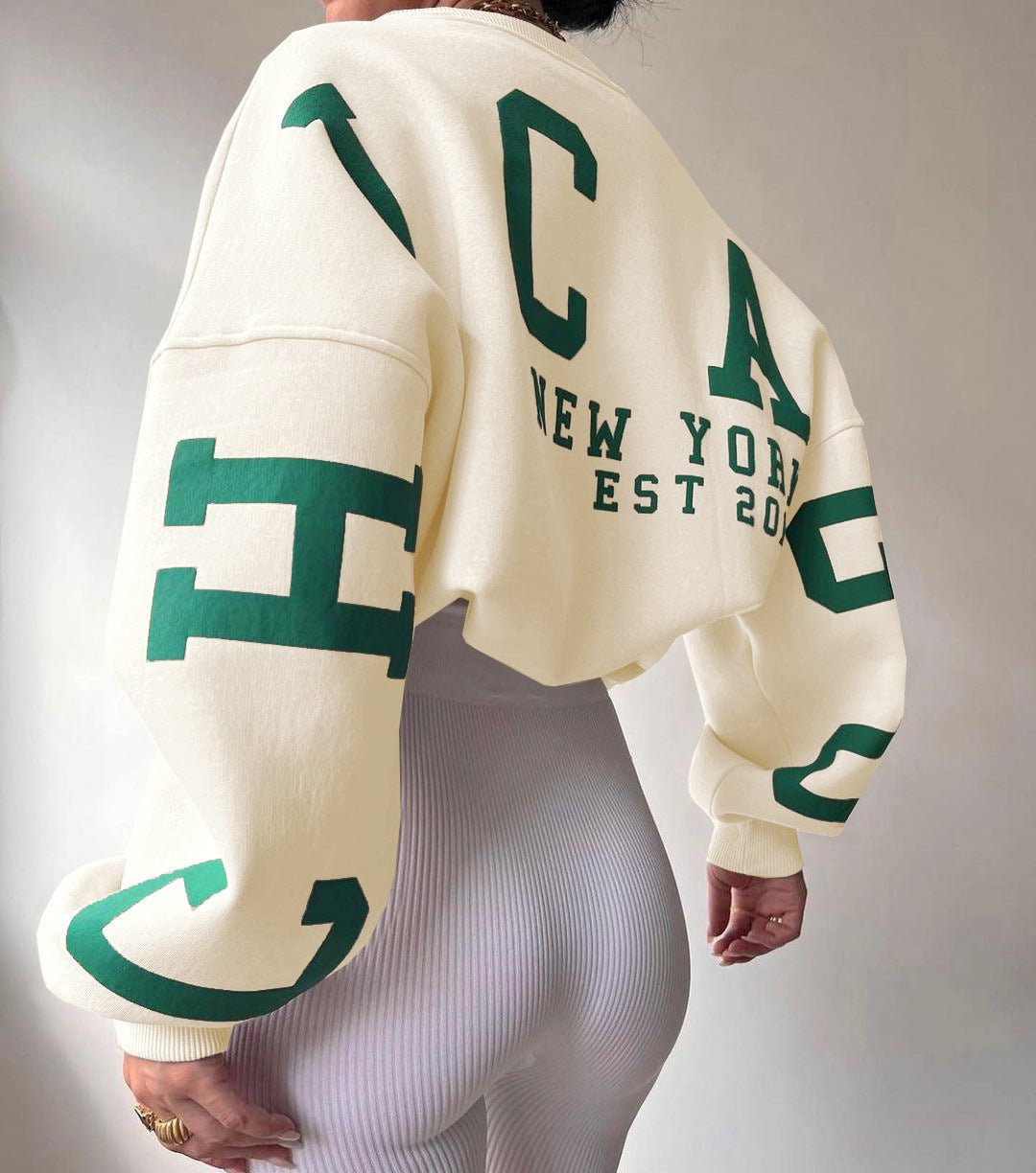 Women's Oversized Fleece Crewneck Sweater with Varsity Sleeves