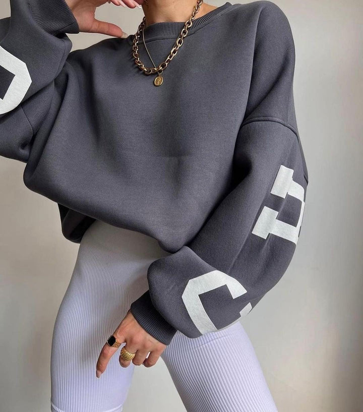 Women's Oversized Fleece Crewneck Sweater with Varsity Sleeves