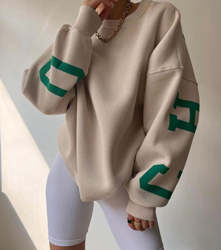 Women's Oversized Fleece Crewneck Sweater with Varsity Sleeves