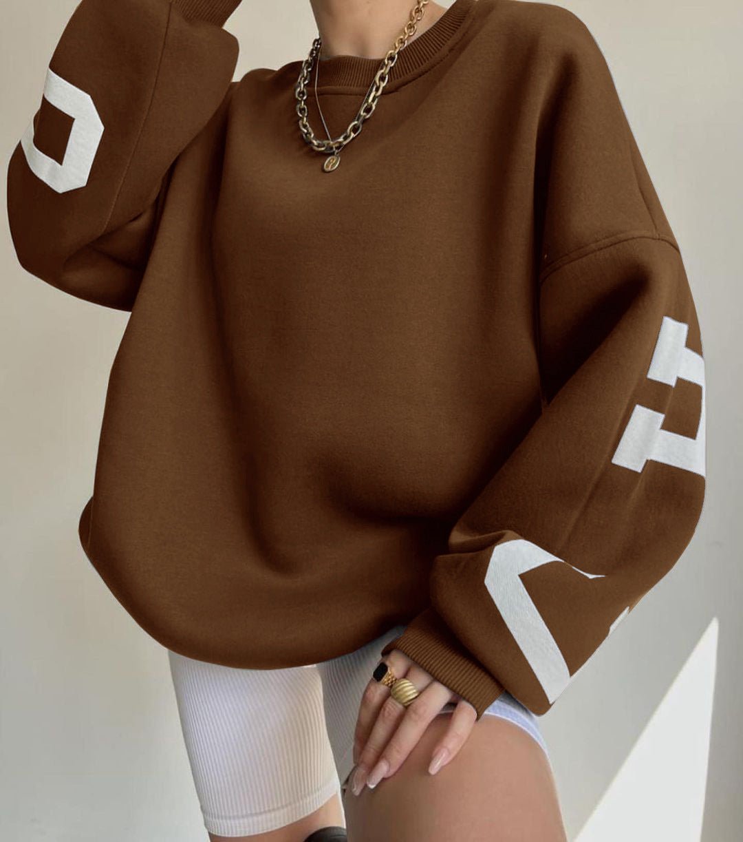 Women's Oversized Fleece Crewneck Sweater with Varsity Sleeves