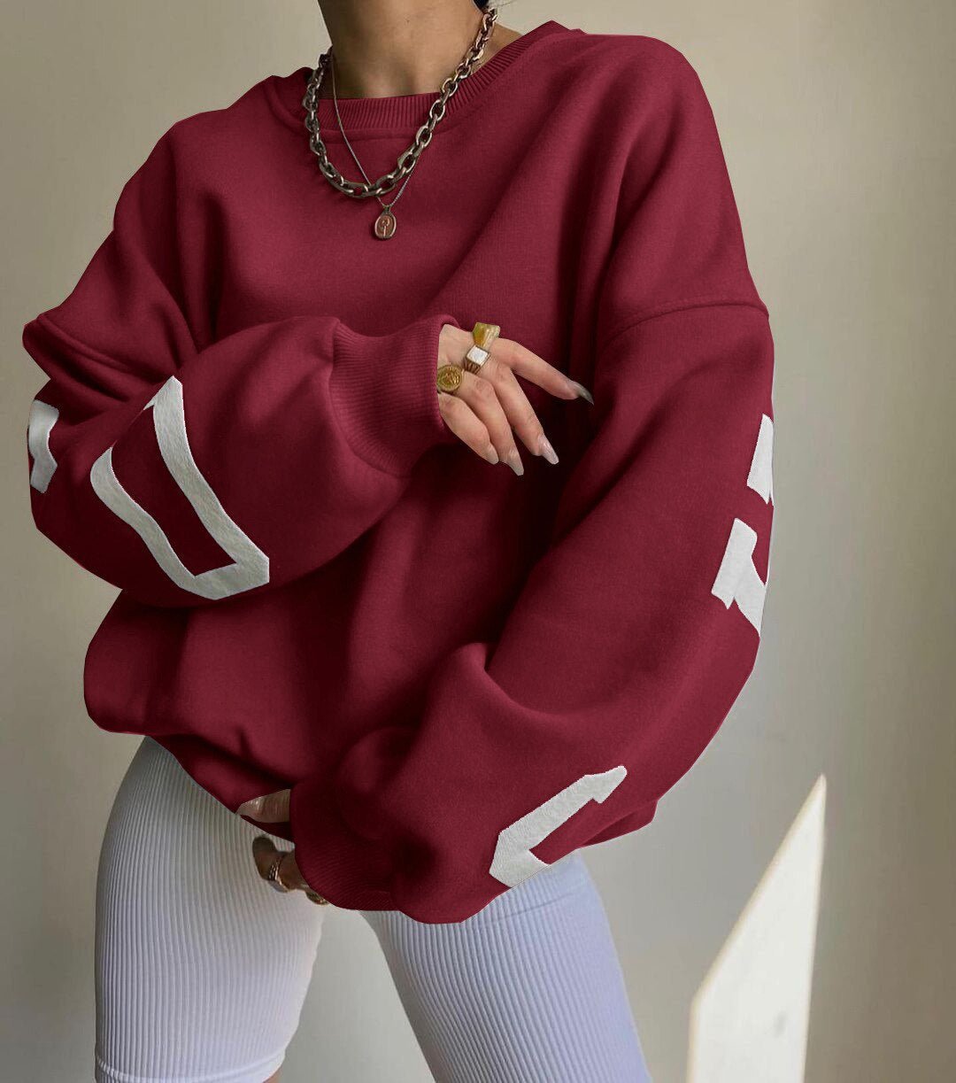 Women's Oversized Fleece Crewneck Sweater with Varsity Sleeves