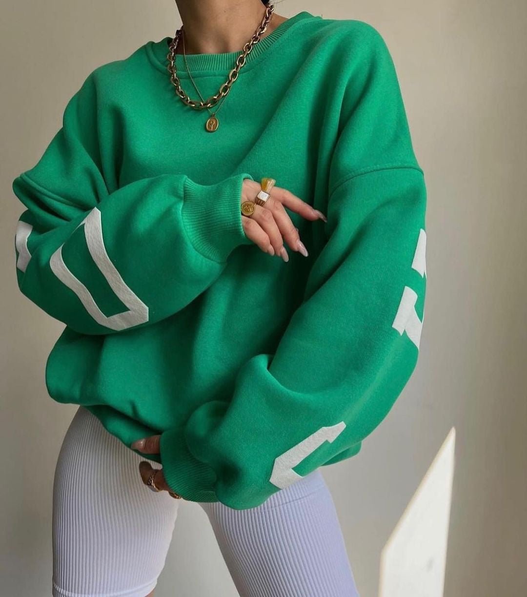 Women's Oversized Fleece Crewneck Sweater with Varsity Sleeves