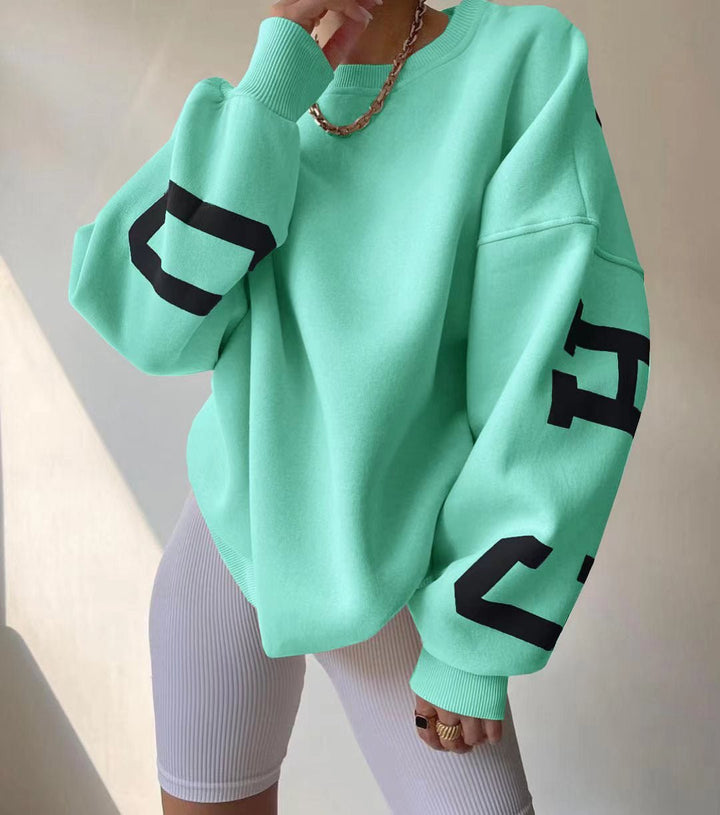 Women's Oversized Fleece Crewneck Sweater with Varsity Sleeves