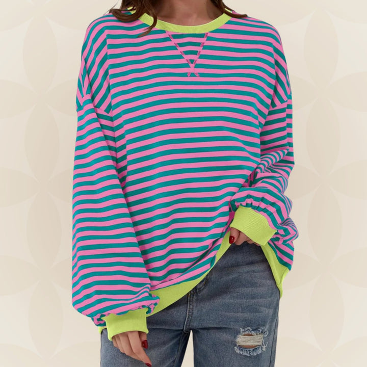 Suéter de punto extragrande de rayas para mujer con bordes en contraste