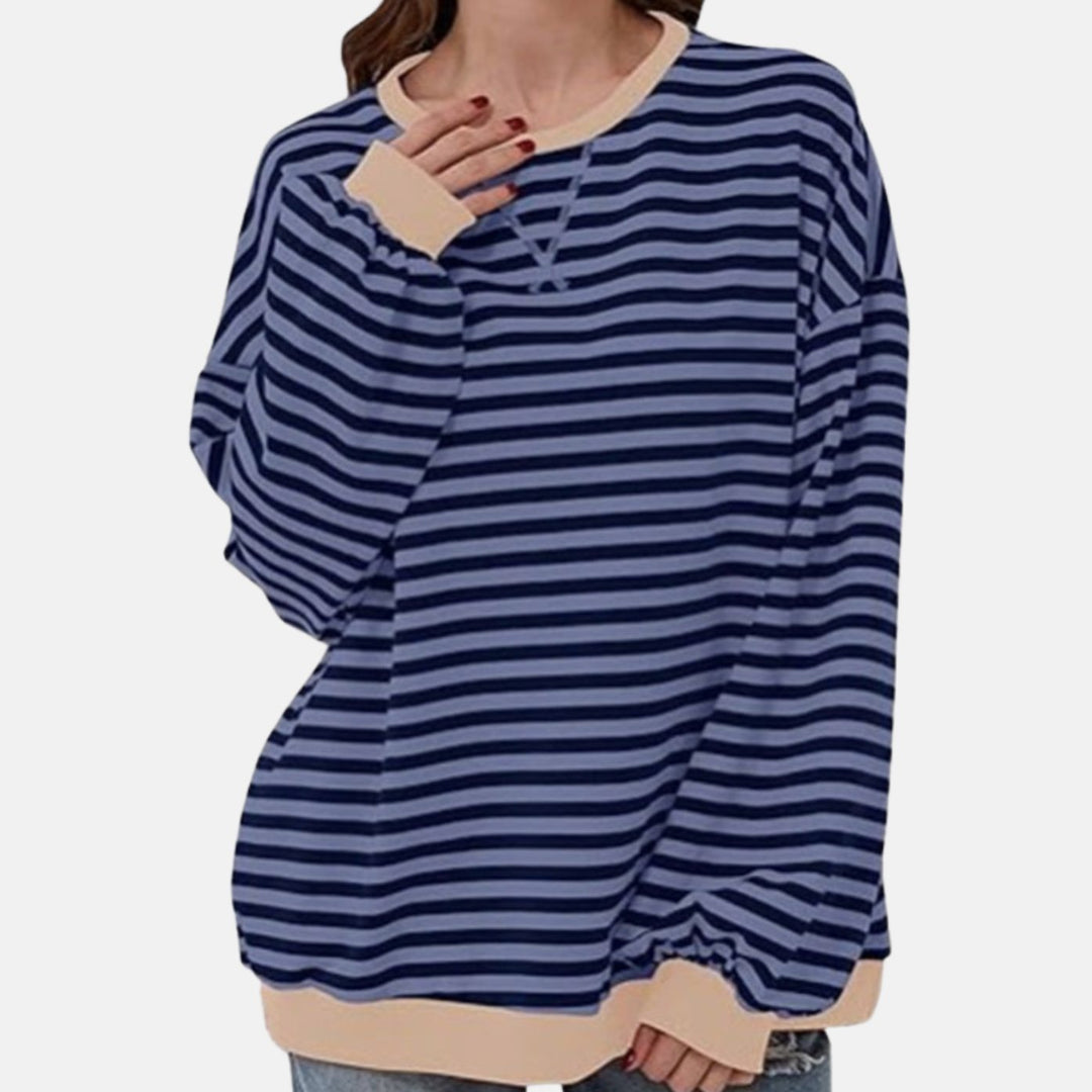 Oversized sweatshirt för kvinnor med ränder, rund halsringning och långa ärmar