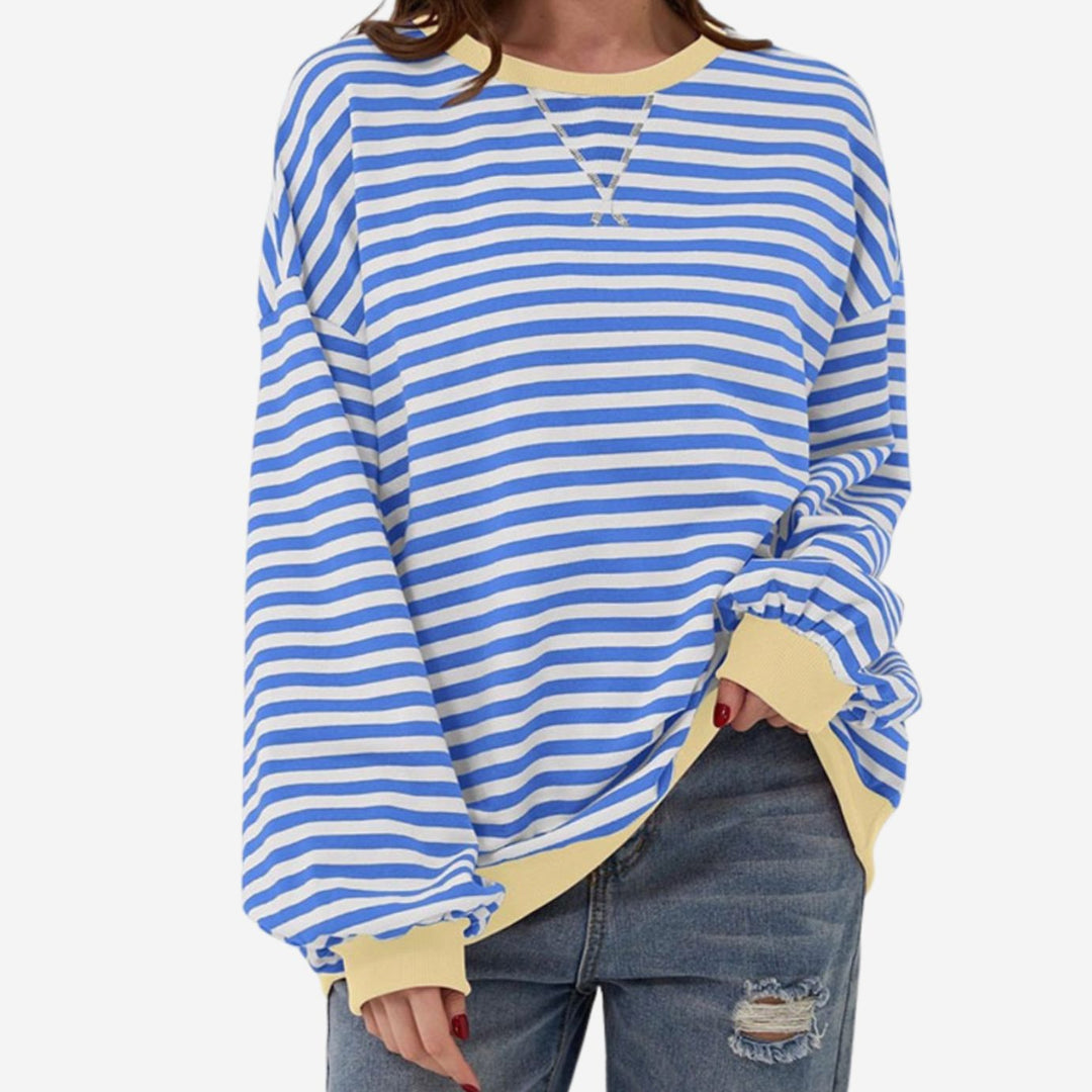 Oversized sweatshirt för kvinnor med ränder, rund halsringning och långa ärmar
