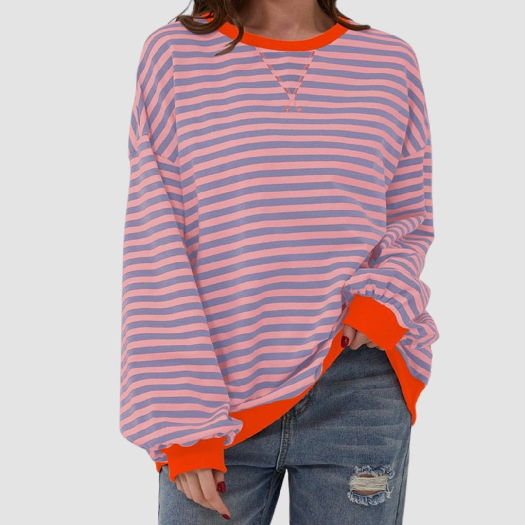 Oversized sweatshirt för kvinnor med ränder, rund halsringning och långa ärmar