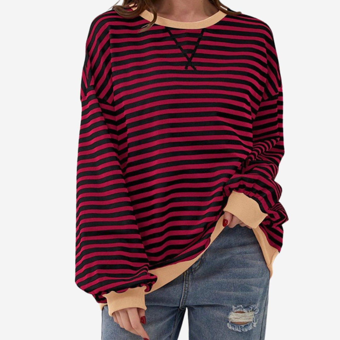 Oversized sweatshirt för kvinnor med ränder, rund halsringning och långa ärmar