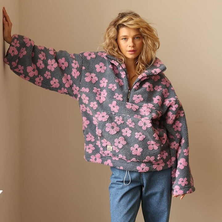 Oversized pullovertrui van pluizige sherpa-fleece met bloemenmotief voor dames