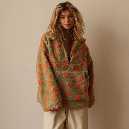 Oversized pullovertröja för kvinnor i blommig sherpa-fleece