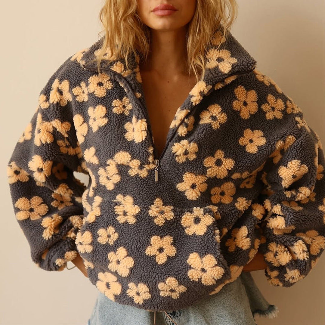 Oversized pullovertrui van pluizige sherpa-fleece met bloemenmotief voor dames