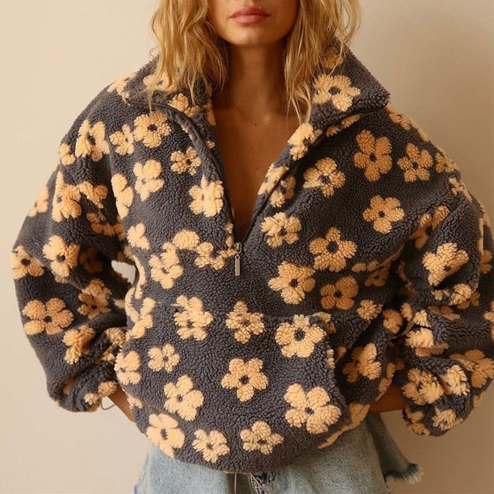 Oversized pullovertrui van pluizige sherpa-fleece met bloemenmotief voor dames