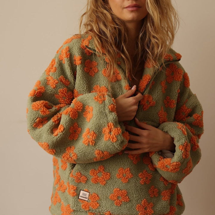 Oversized pullovertrui van pluizige sherpa-fleece met bloemenmotief voor dames