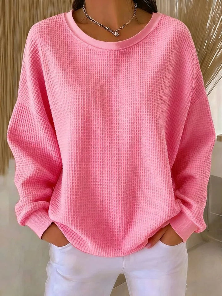 Women's Relaxed-Fit Waffle Texture Round Neck Pullover Sweater
