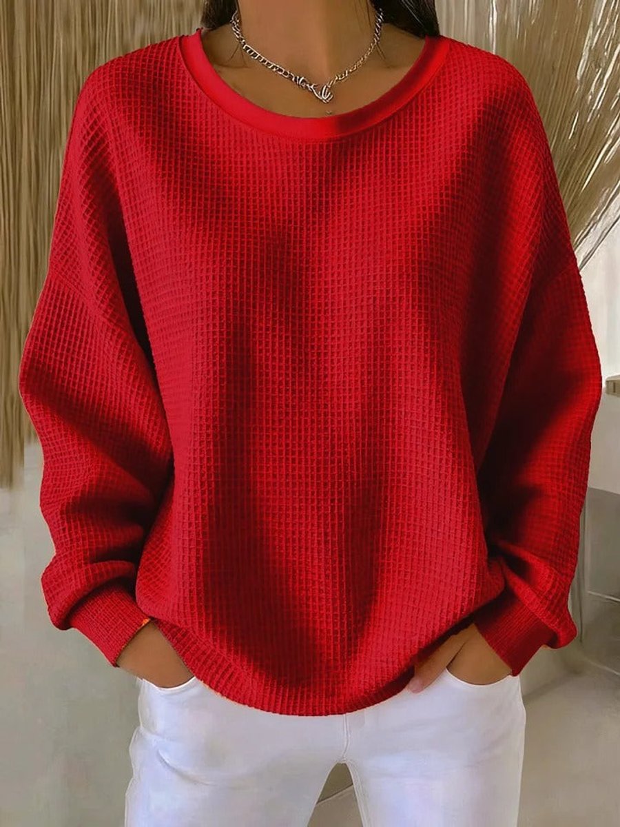 Women's Relaxed-Fit Waffle Texture Round Neck Pullover Sweater