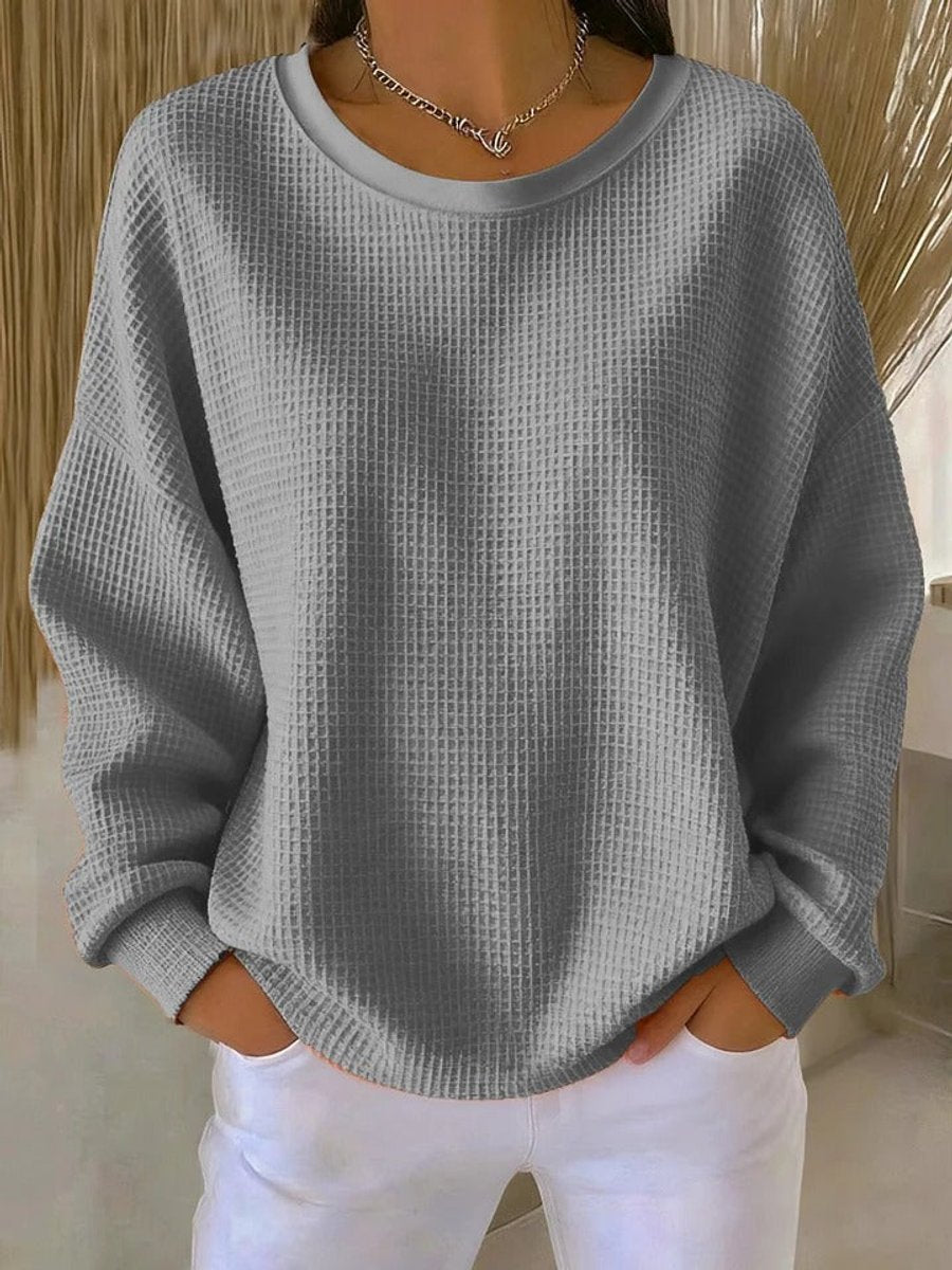 Women's Relaxed-Fit Waffle Texture Round Neck Pullover Sweater