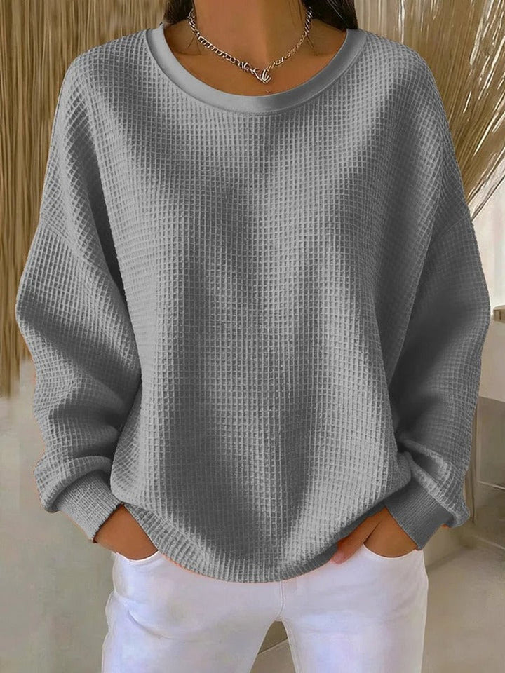 Women's Relaxed-Fit Waffle Texture Round Neck Pullover Sweater