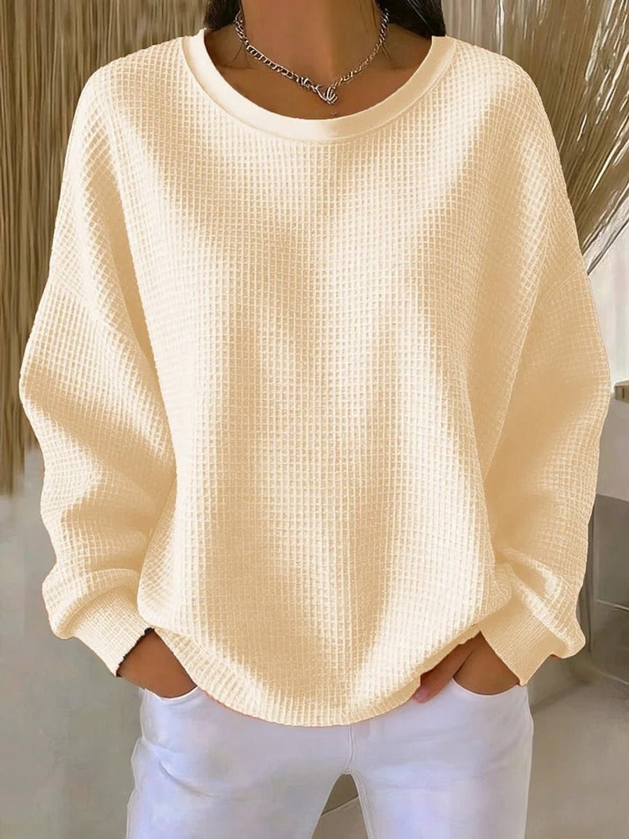 Women's Relaxed-Fit Waffle Texture Round Neck Pullover Sweater