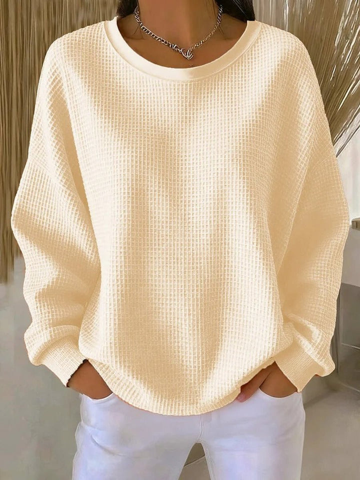 Women's Relaxed-Fit Waffle Texture Round Neck Pullover Sweater