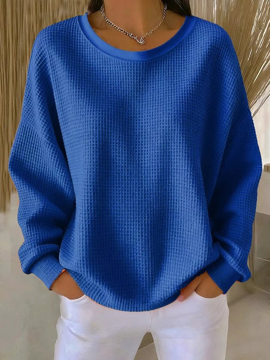 Women's Relaxed-Fit Waffle Texture Round Neck Pullover Sweater