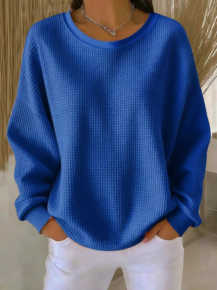 Women's Relaxed-Fit Waffle Texture Round Neck Pullover Sweater