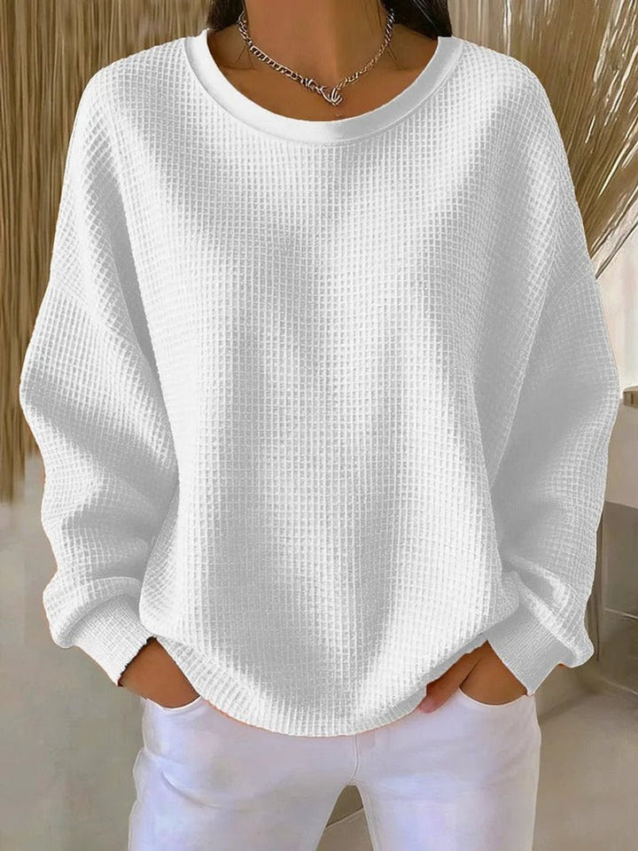 Women's Relaxed-Fit Waffle Texture Round Neck Pullover Sweater