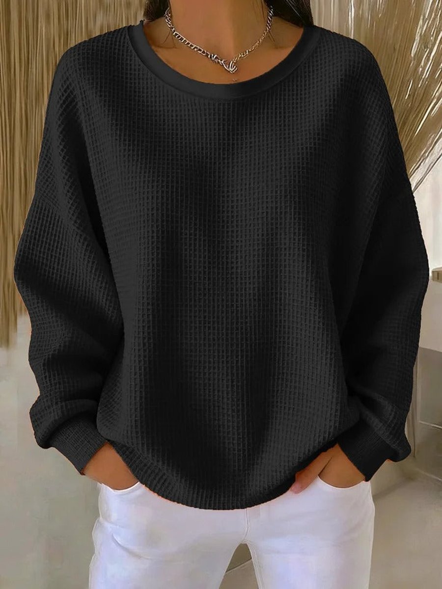 Women's Relaxed-Fit Waffle Texture Round Neck Pullover Sweater