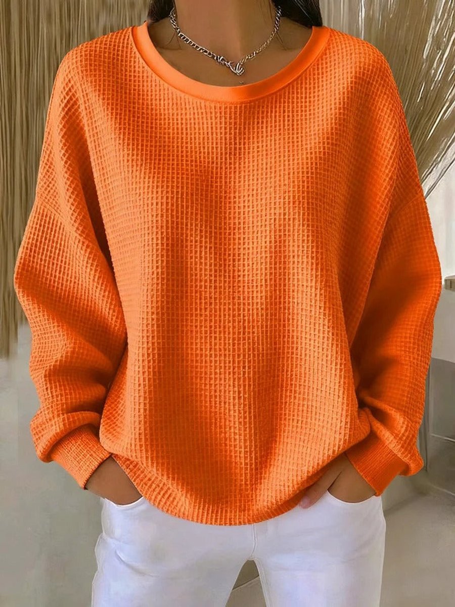 Women's Relaxed-Fit Waffle Texture Round Neck Pullover Sweater
