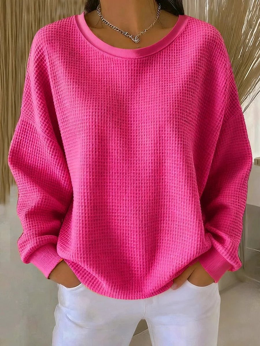 Women's Relaxed-Fit Waffle Texture Round Neck Pullover Sweater