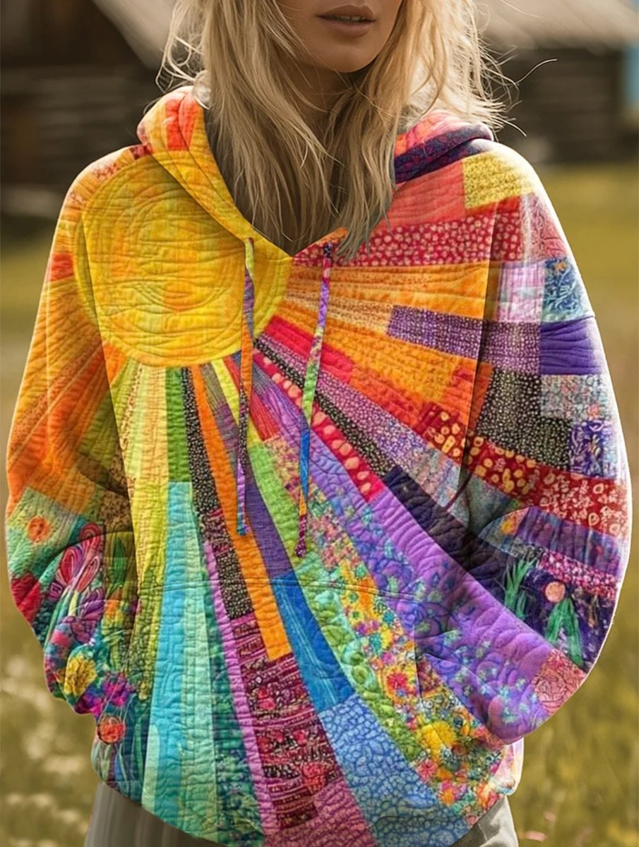 Women's Bohemian Patchwork Quilted Hoodie Sweater in Multicolor