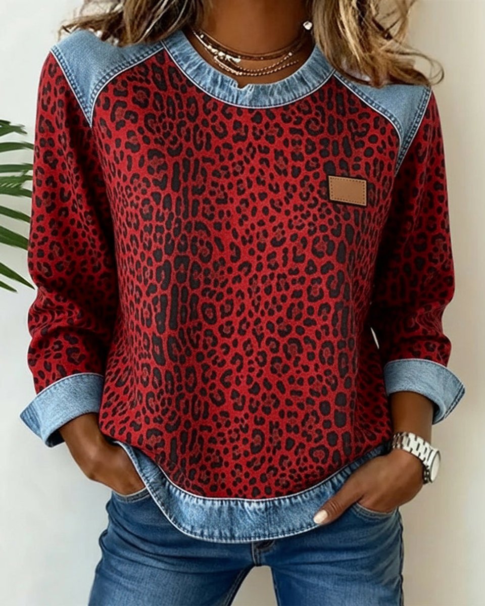 Felpa da donna con scollo rotondo, stampa leopardata e inserti in denim