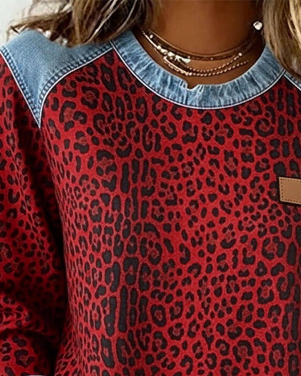 Felpa da donna con scollo rotondo, stampa leopardata e inserti in denim