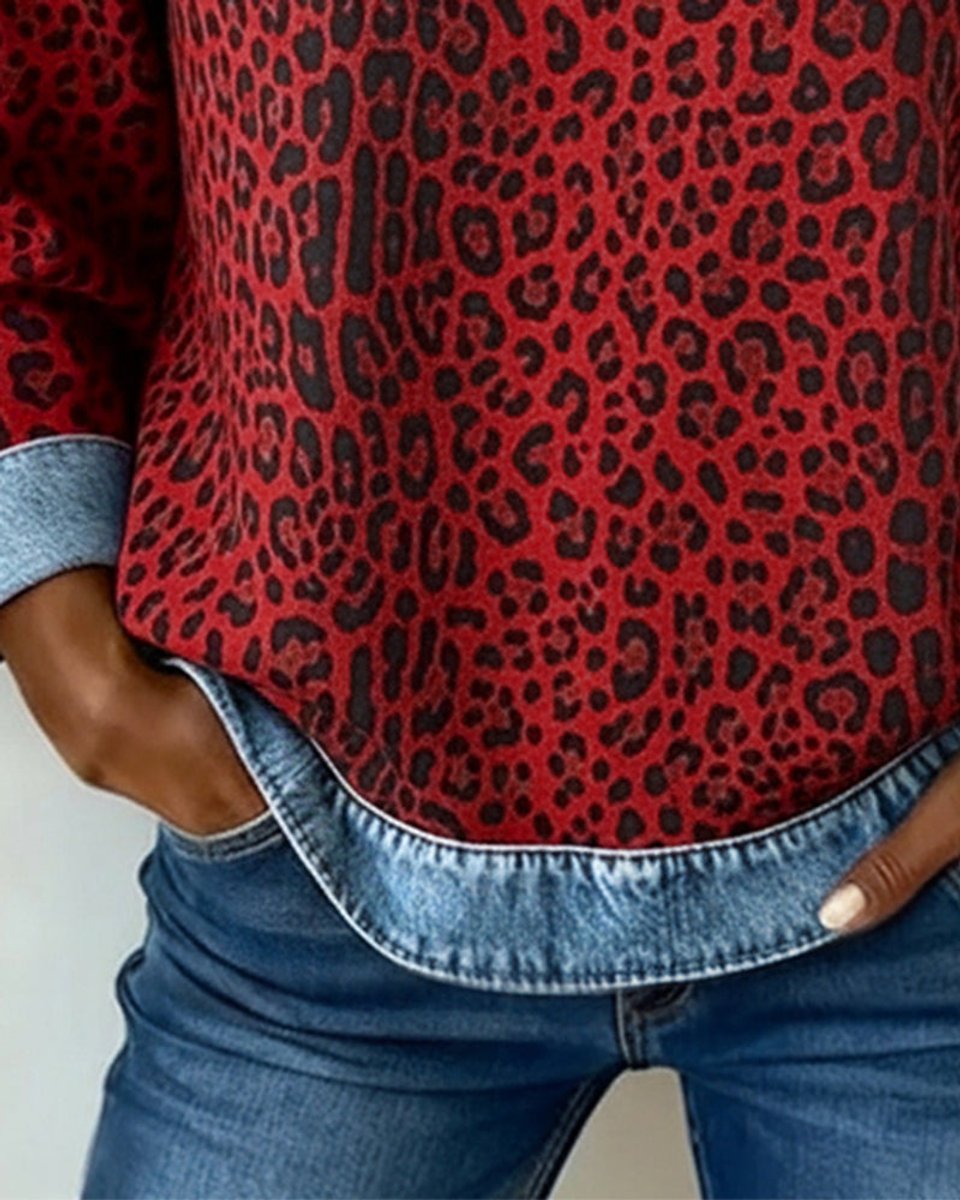 Felpa da donna con scollo rotondo, stampa leopardata e inserti in denim