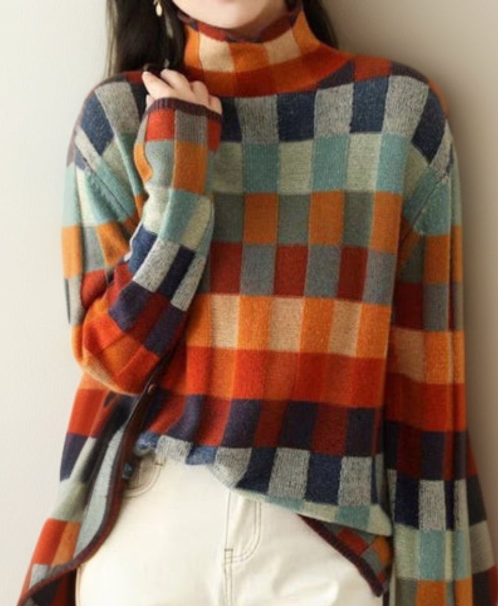 Women's Multicolored Checkered Turtleneck Knit Sweater
