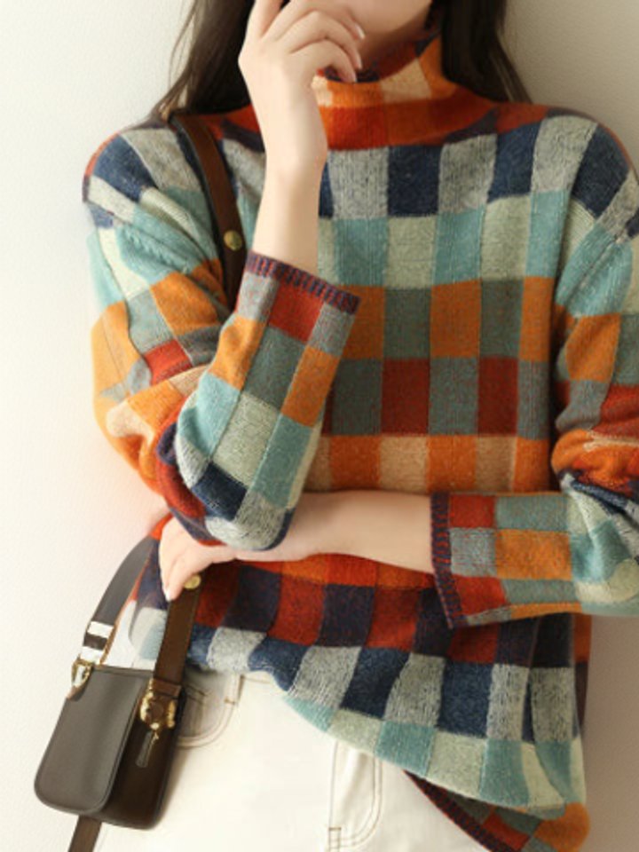 Women's Multicolored Checkered Turtleneck Knit Sweater