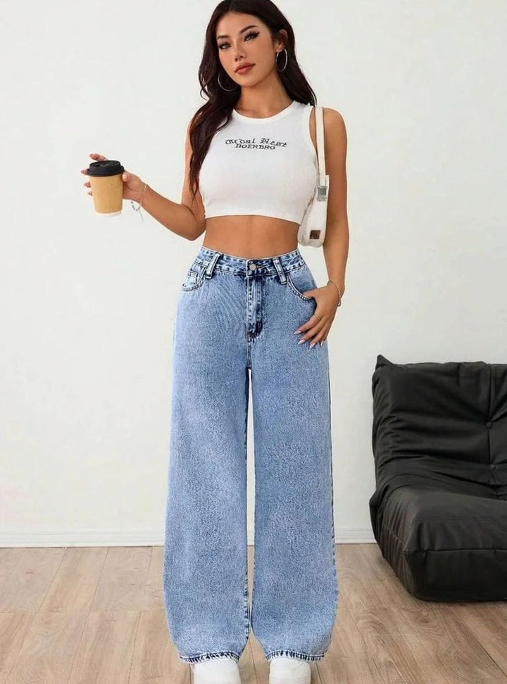 Women's Wide Leg Mid Rise Light Wash Denim Jeans