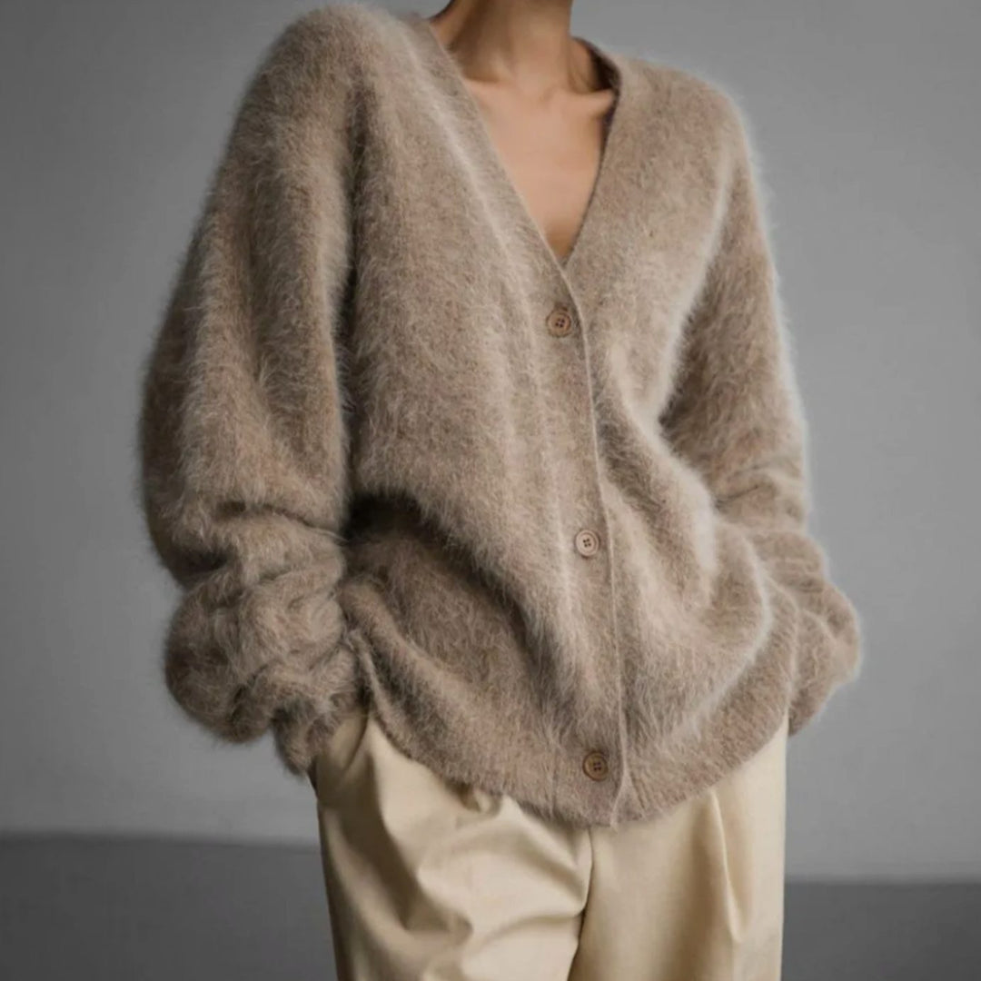 Women's Soft Fluffy Knitted Cardigan with Button Closure