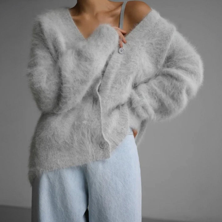 Women's Soft Fluffy Knitted Cardigan with Button Closure