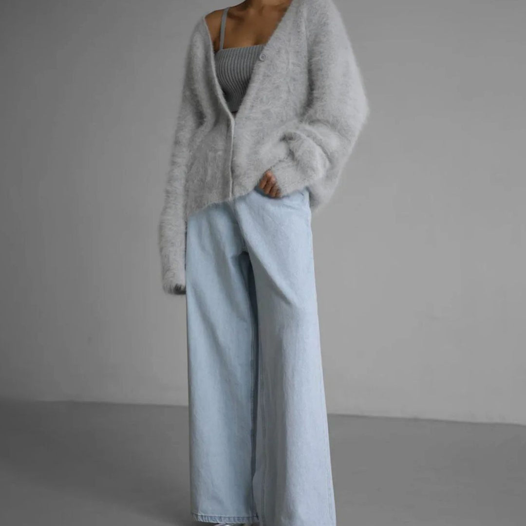 Women's Soft Fluffy Knitted Cardigan with Button Closure