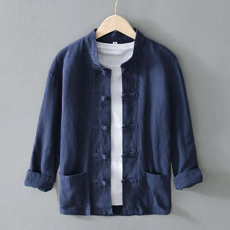 Men's Cotton-Linen Mandarin Collar Shirt-The Yellow Prime