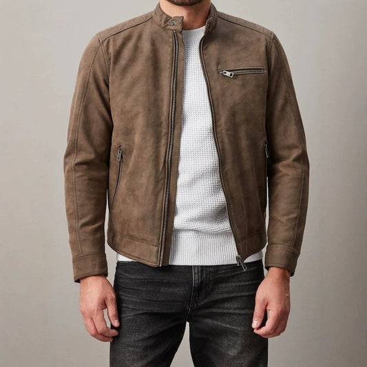 Veste classique pour homme en faux suède à col montant - Chaude, idéale en automne et en hiver