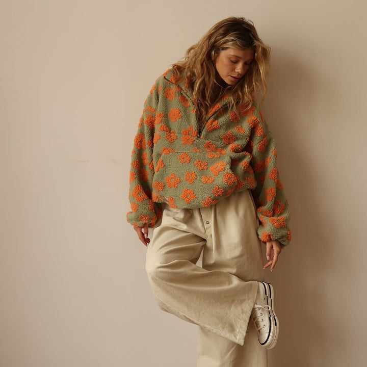 Women's Cozy Oversized Floral Teddy Fleece Sweater