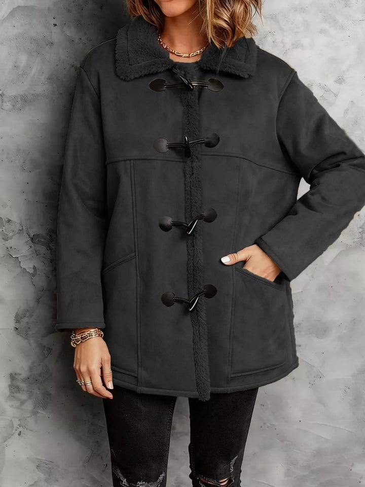 Women's Faux Suede Sherpa Coat with Toggle Front, Sizes S to XL